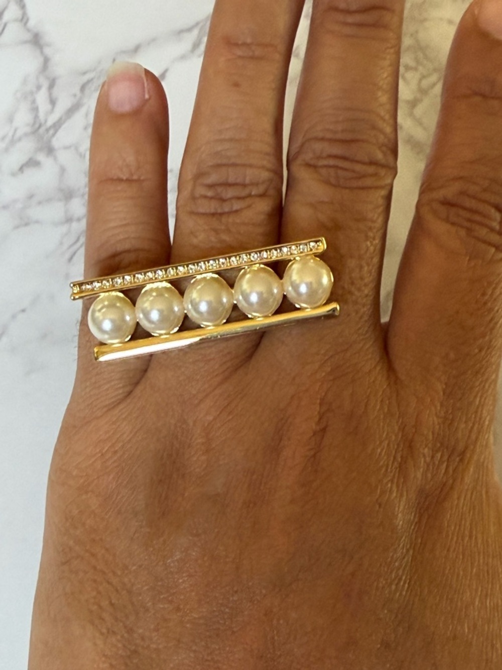 CC Skye Gold Bar Ring with Pearl Row and Crystal Trim